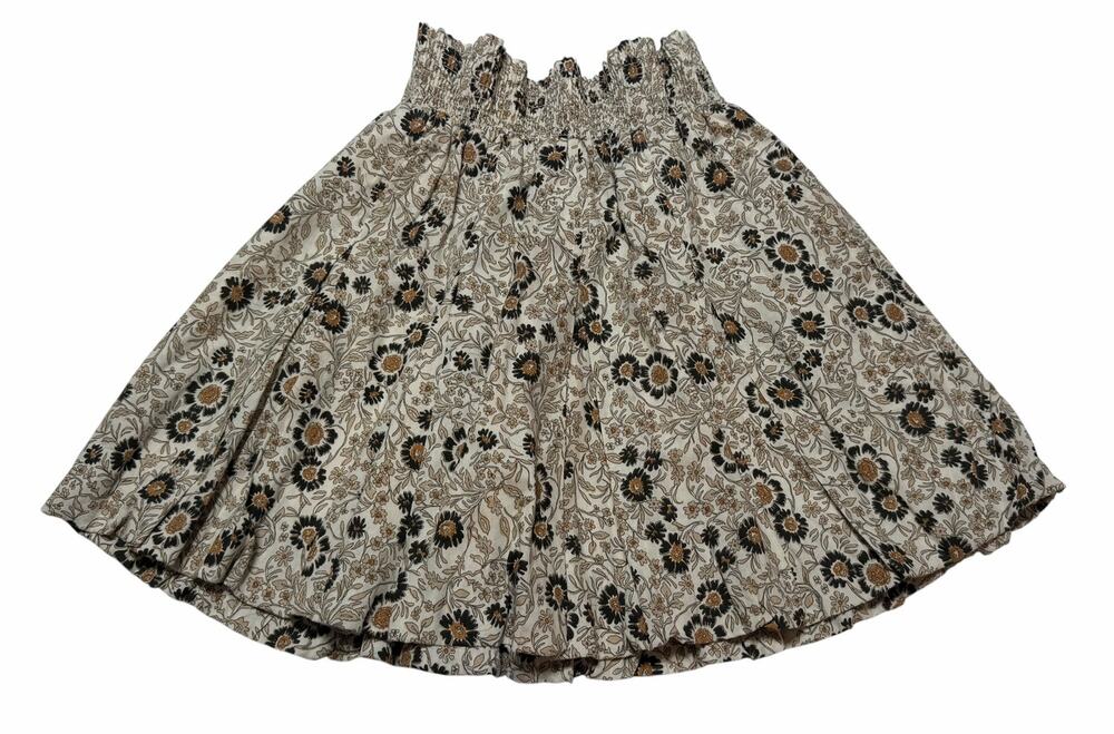 BURU Mini Skirt Smocked Waist Cream Floral A-line Cotton size XS